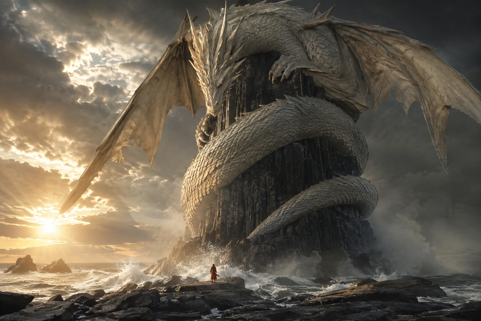 An immense ivory dragon above a stormy ocean